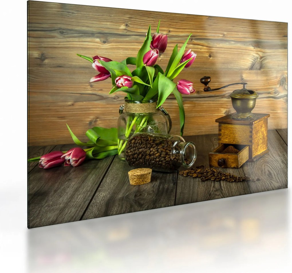 Sklenený obraz - tulipány, mlynček a káva (70x50 cm)