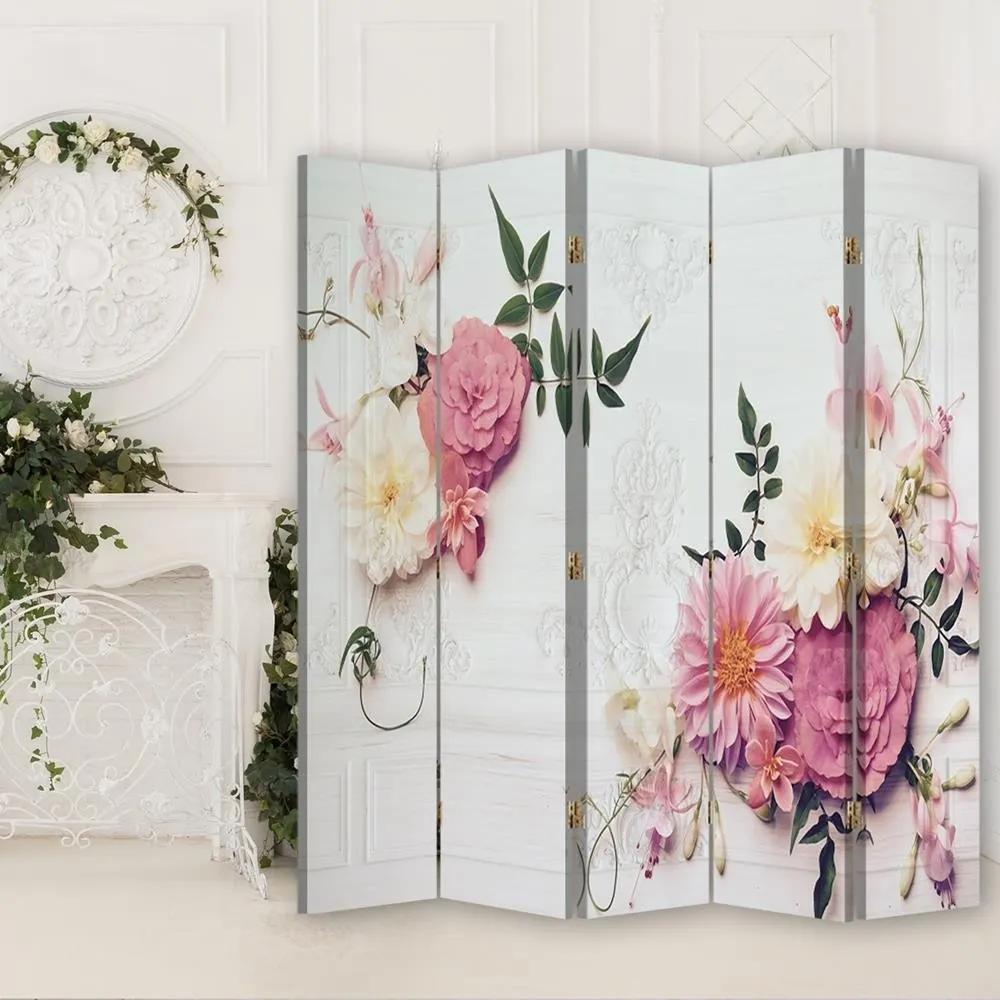 Ozdobný paraván Růžové vintage květiny - 180x170 cm, päťdielny, obojstranný paraván 360°
