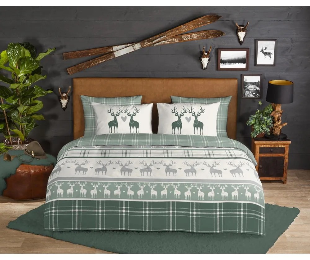 Zeleno-krémové flanelové obliečky na jednolôžko 140x200 cm Bjirk – Good Morning