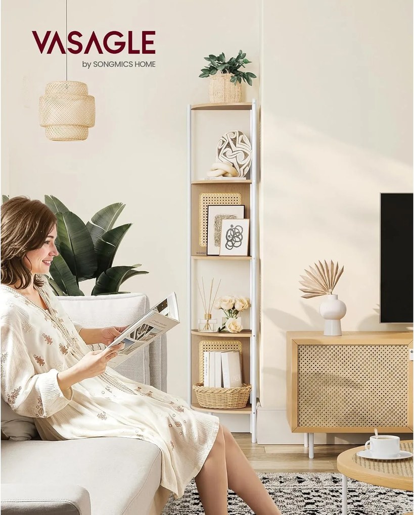 5-úrovňová rohová polica, polica na knihy s polyratanovými stranami, farba dub a béžová