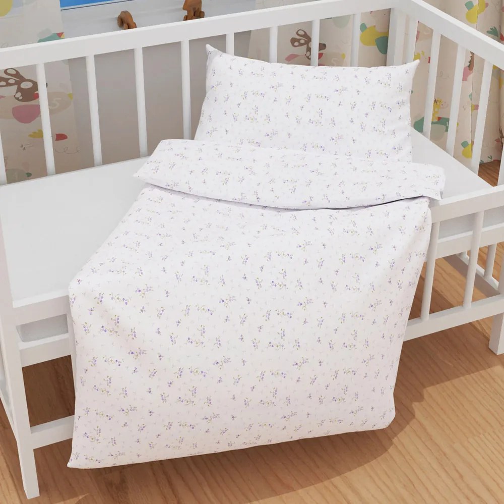 Biante Detské bavlnené posteľné obliečky do postieľky Sandra SA-296 Drobné fialové kvety na bielom Do postieľky 100x135 a 40x60 cm