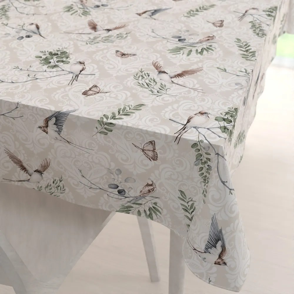 Biante Bavlnený obdĺžnikový obrus Sandra SA-490 Lastovičky s motýlikmi na béžovom ornamente 140x180 cm