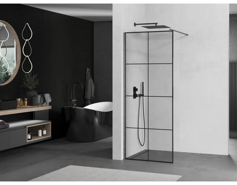 Mexen Kioto, sprchová zástena Walk-In 90 x 200 cm, 8mm číre sklo čierny vzor, grafitový profil, 800-090-101-66-77