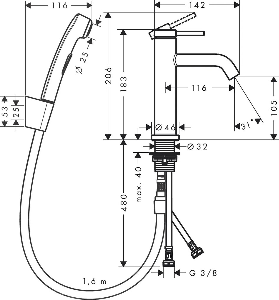 Hansgrohe Tecturis S, páková umývadlová batéria 110 s ručnou sprchou Bidette, čierna matná, HAN-73211670