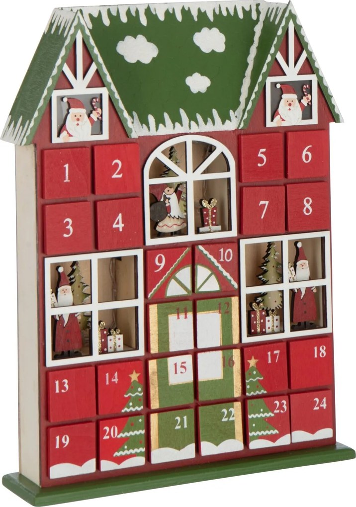 Červený drevený LED adventný kalendár House J-line - 25,5 * 6,5 * 34,5 cm