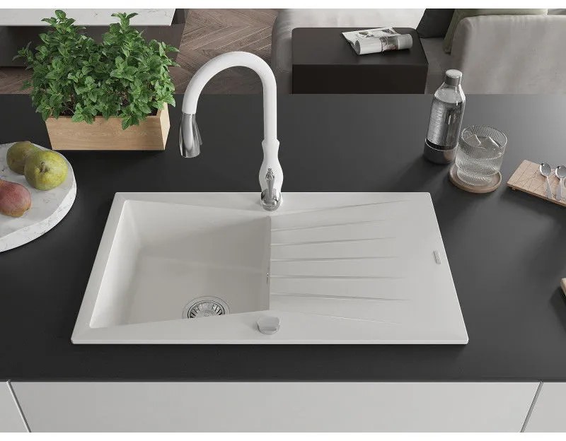 Mexen Cesar, 1-komorový granitový drez 775x470x190 mm a drezová batéria Savita, biela, 6514-20-672601-20