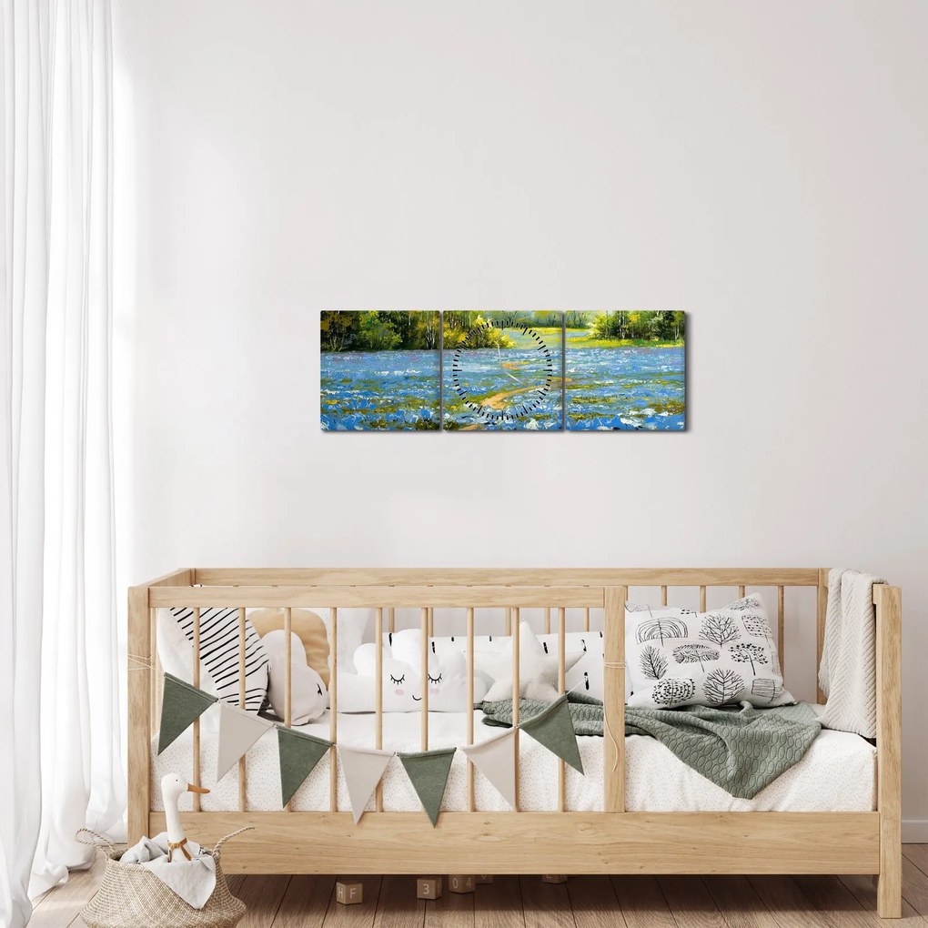 Obraz - Cestička v poli, olejomaľba (s hodinami) (90x30 cm)