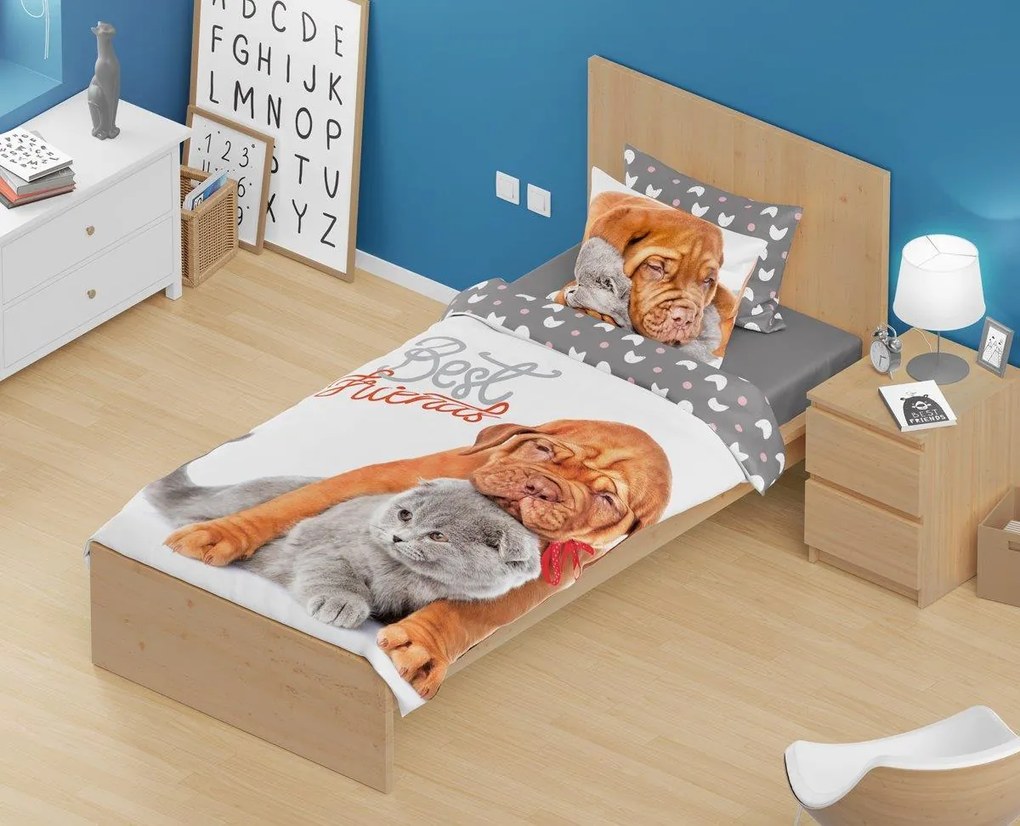 Detské bavlnené obliečky BEST FRIENDS - Pes a mačka - 140x200 cm