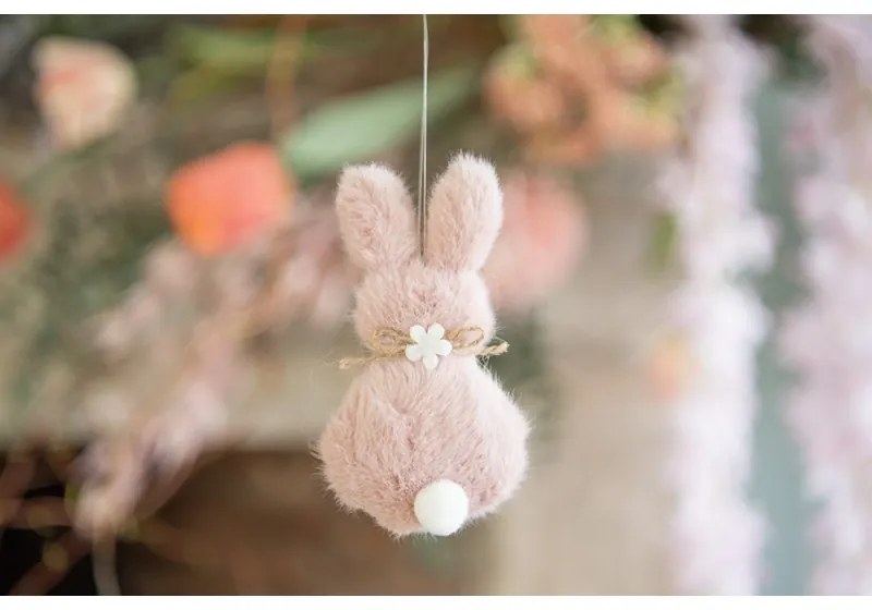 Ružový plyšový závesný veľkonočný zajačik s kvietkou Magiccal - 6*2*11 cm