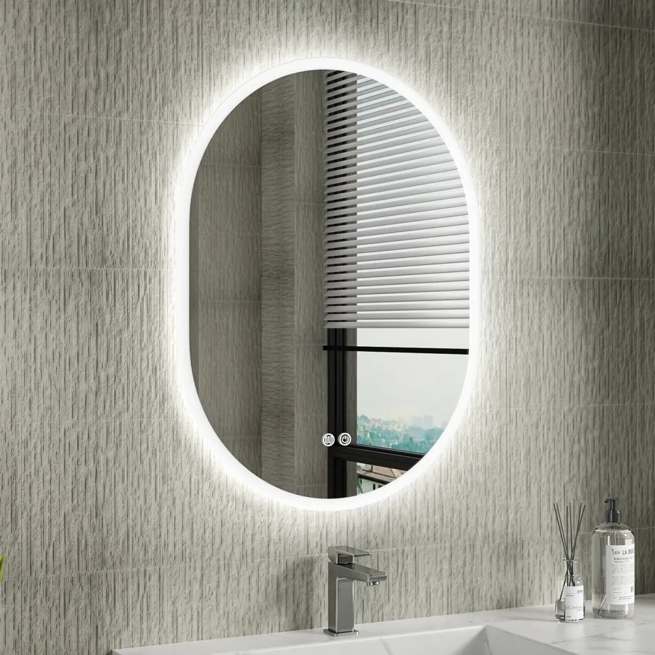 Erga Demi, oválne LED zrkadlo 60x80cm, 3 farby svetla, predné osvetlenie, vyhrievacia podložka proti zapareniu, ERG-V01-DEMI-6080-CL