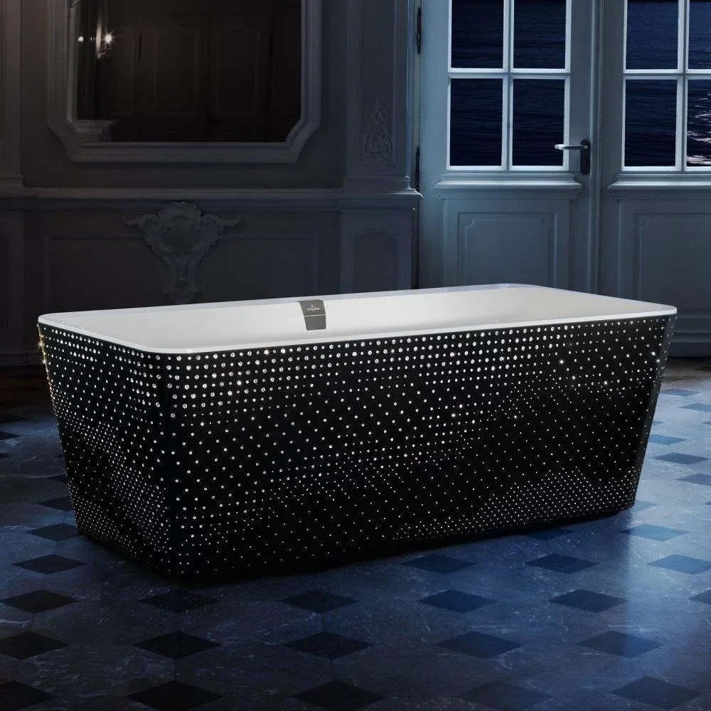 VILLEROY & BOCH Squaro Edge 12 Excellence voľne stojaca vaňa z materiálu Quaryl (bez spoja medzi panelom a vaňou), odtok v strede, s napúšťaním cez prepad, 1800 x 800 x 620 mm, Colour on Demand, Stone White, UBQ180SQE9T2BCV-RW