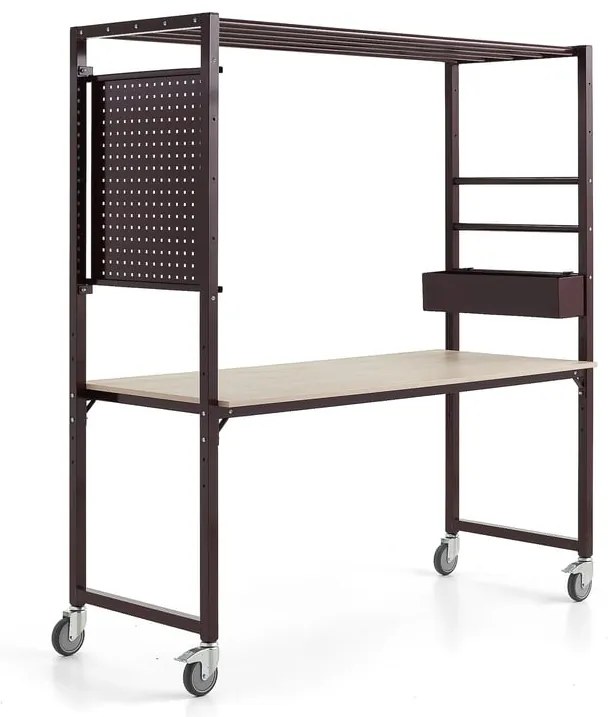 Mobilný stôl TEAMWORK, box na príslušenstvo, panel na náradie, bordová/jaseň