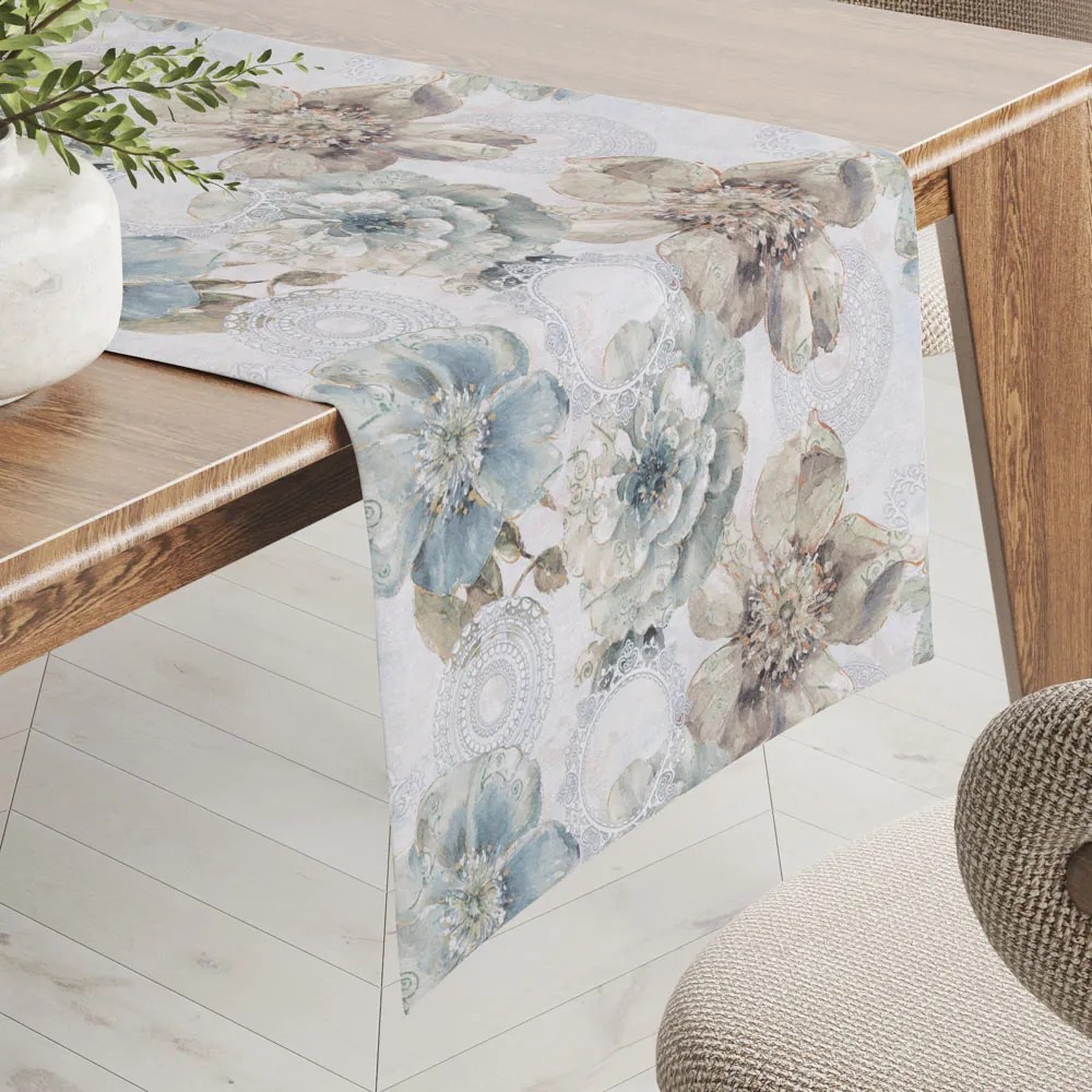 Biante Dekoračný behúň na stôl PML-052 Tyrkysové kvety s orientálnymi kruhmi 35x140 cm