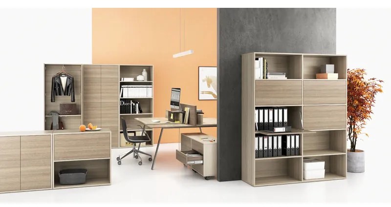 Vysoký kancelársky policový regál LAYERS, 2 boxy, 800 x 400 x 1905, dub prírodný / dub morený