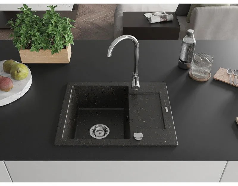 Mexen Enzo, granitový drez 576x465x174 mm, 1-komorový, chrómová batéria Telma, čierna-zlatá metalíza, 6506-75-670200-00