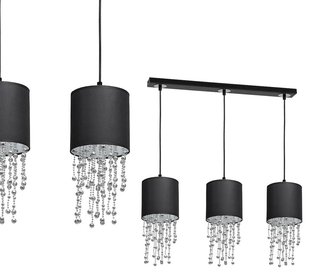 Závesné svietidlo Almeria, 3x kryštáliky/čierne textilné tienidlo, b/s