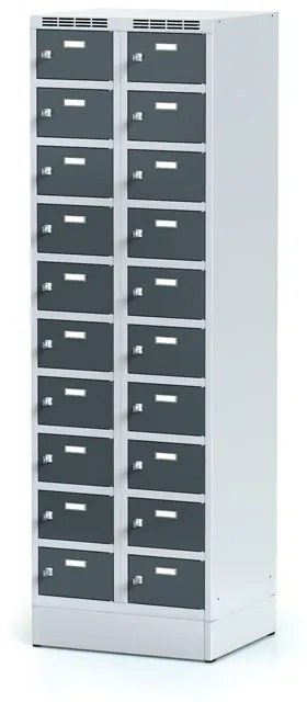 Alfa 3 Šatníková skrinka na sokli s úložnými boxami, 20 boxov, 1920 x 600 x 500 mm, cylindrický zámok, tmavosivé dvere
