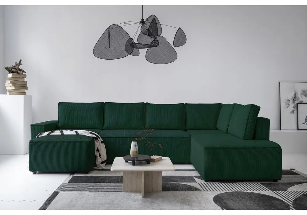 Tmavozelená menčestrová rozkladacia rohová pohovka (pravý roh/do tvaru "U") Brave Dave – Miuform