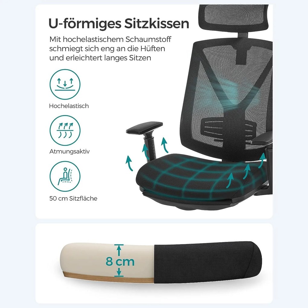 Ergonomická kancelárska stolička s podnožkou, max. nosnosť 150 kg, čierna