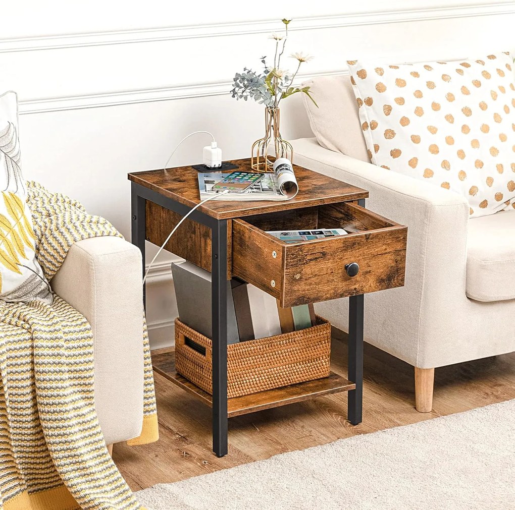 Noční stolek Vasagle Ferira 40 cm s nabíjecí stanicí černý/hnědý