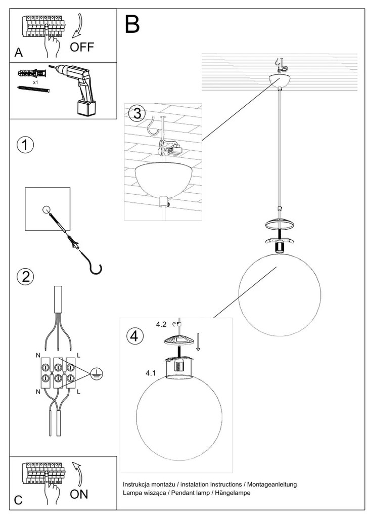 Závesné svietidlo Ugo, 1x biele sklenené tienidlo, (fi 30 cm), ch