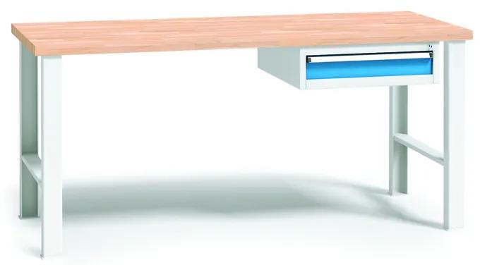 Výškovo nastaviteľný pracovný stôl do dielne WL so závesným boxom na náradie, buková škárovka, 1 zásuvka, 2000 x 685 x 840 - 1050 mm