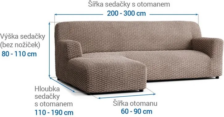 Bielastické poťahy MOSAICO orieškové sedačka s otomanom vľavo (š. 170 - 300 cm)