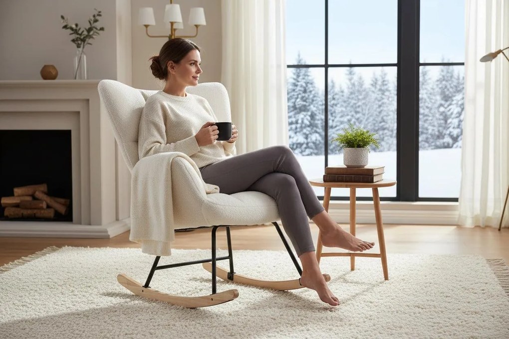 Hojdacie kreslo, relaxačné kreslo s plyšovým poťahom, bielej farby