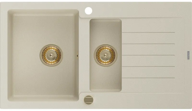 Mexen Matias - drez granitový 900x505x200 mm, 1,5-komorový, béžová so zlatým sifónom, 6502901505-69-G