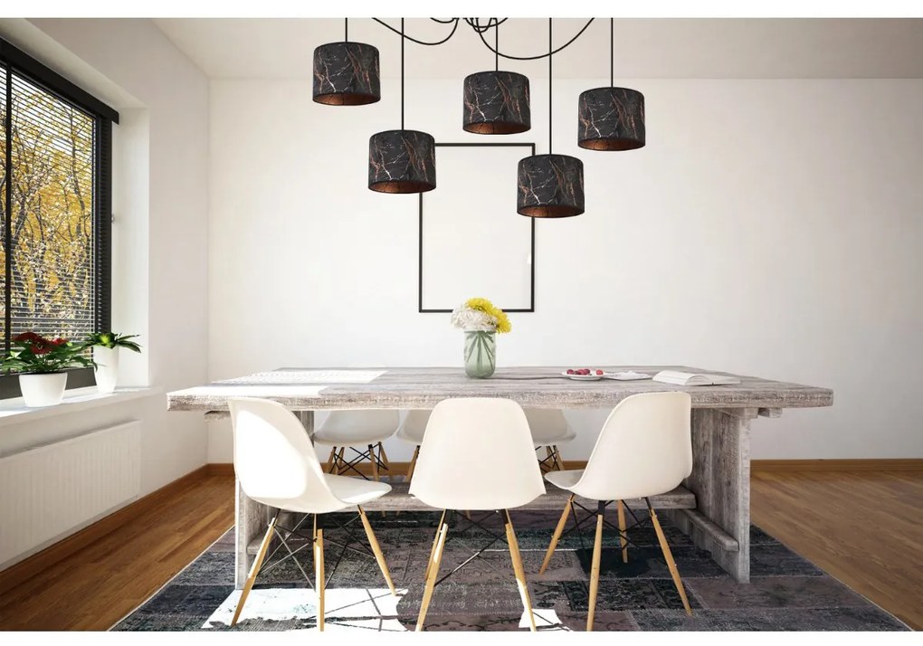 Závesné svietidlo Werona Spider, 5x čierne textilné tienidlo so vzorom, c