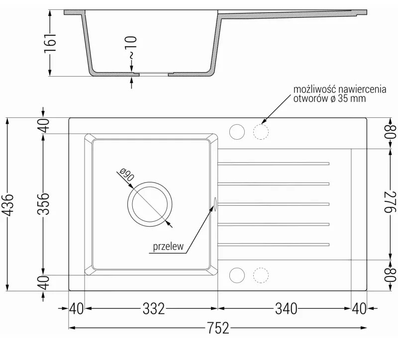 Mexen Pablo, granitový drez 752x436x161 mm, 1-komorový a drezová batéria Savita, čierna-zlatá metalíza, 6510-75-672601-50