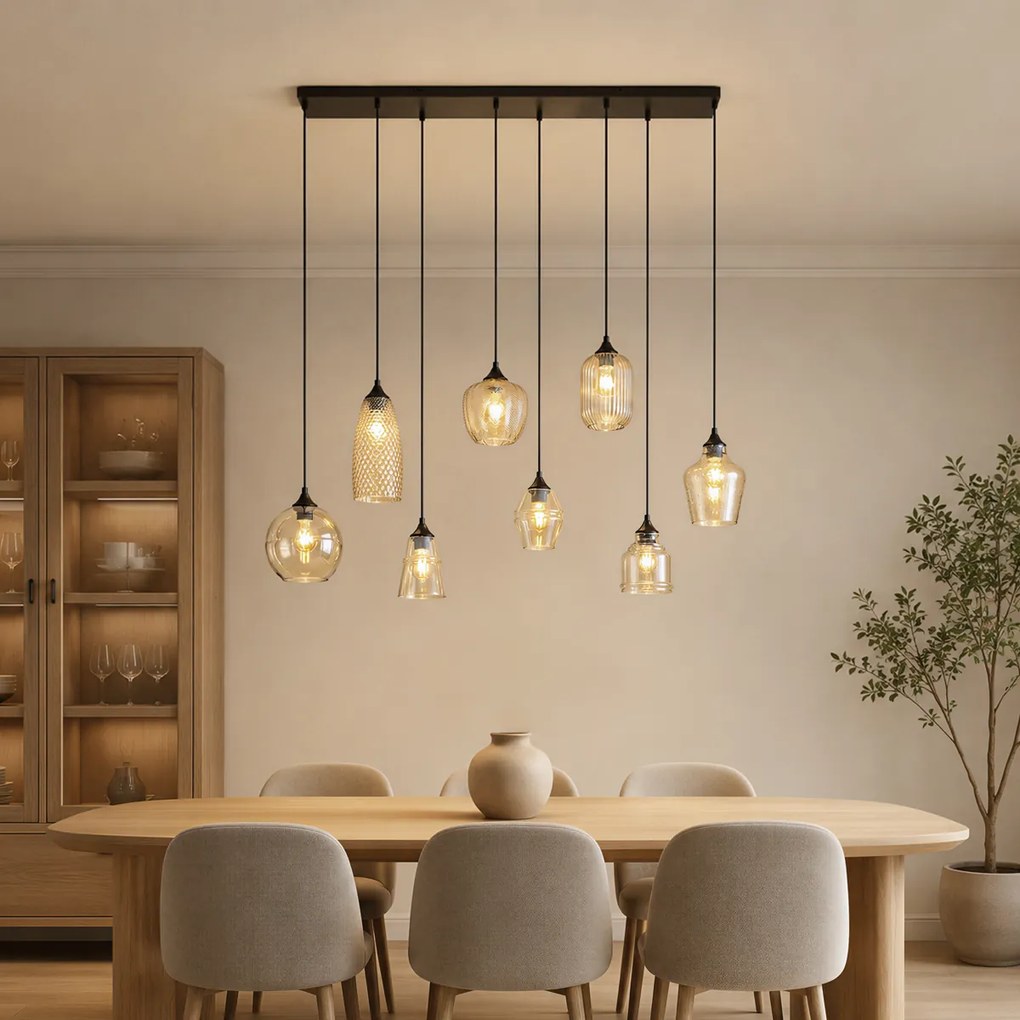 Art Deco závesná lampa čierna s jantárovým sklom 8-Lights - Hanne