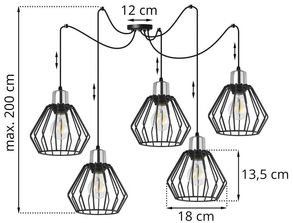 Závesné svietidlo Nuvola Spider 4, 5x čierne drôtené tienidlo, ch