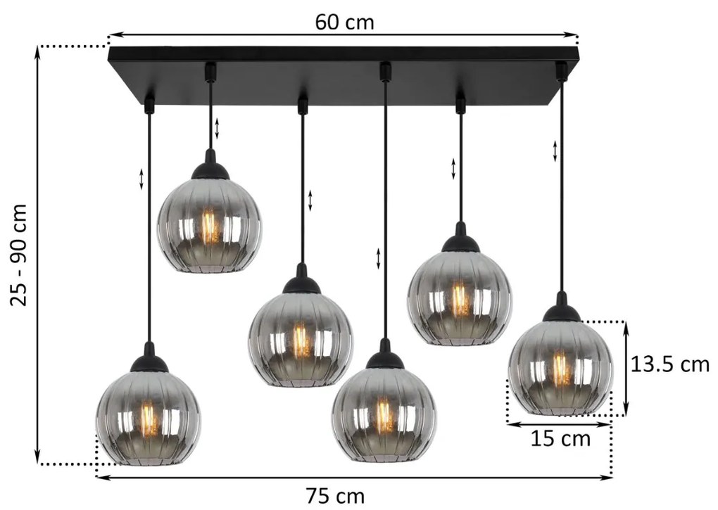 Závesné svietidlo Costa, 6x grafitové sklenené tienidlo, b