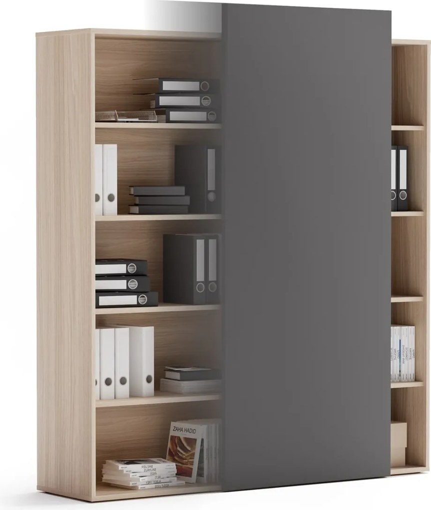 Kancelársky regál s posuvným panelom BLOCK, 1600 × 400 × 1748 mm, prírodný dub/grafitová