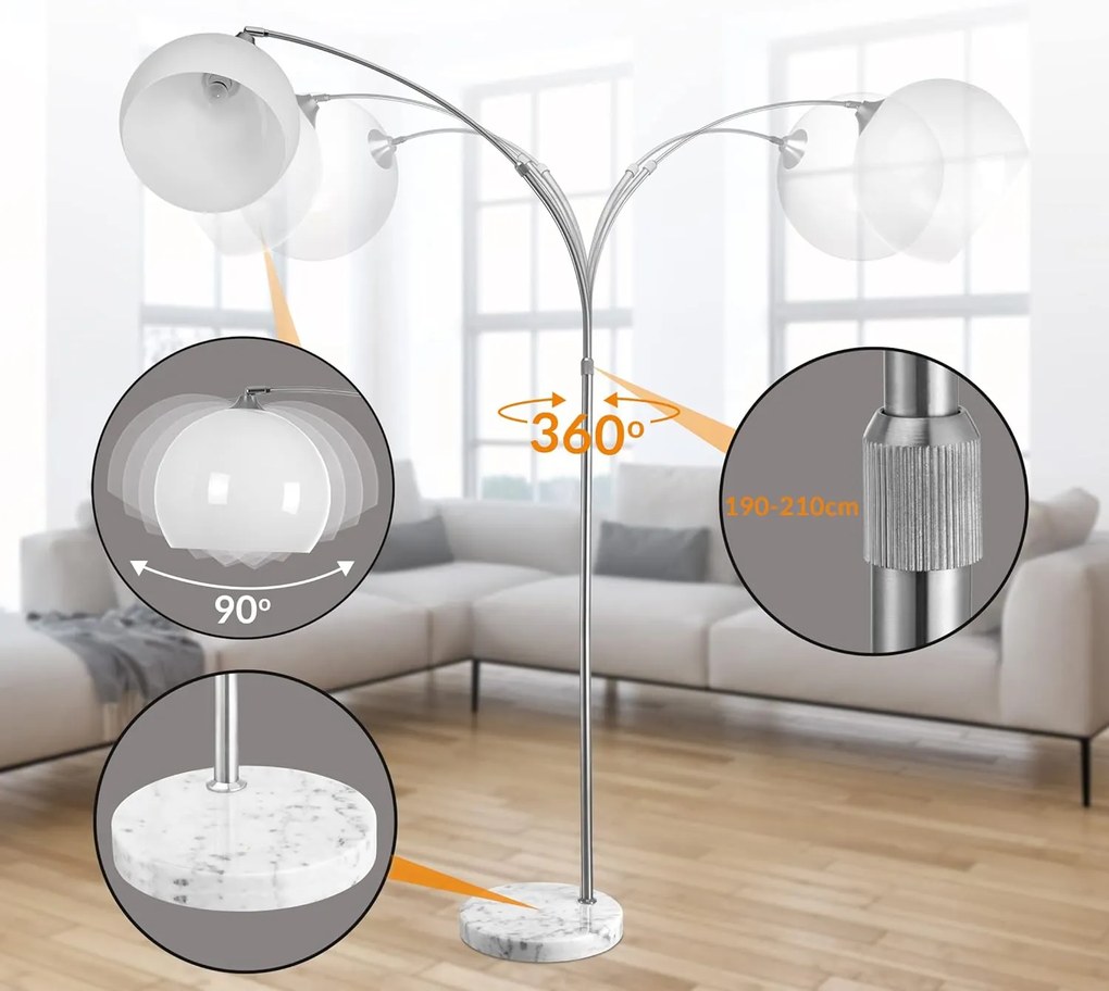 InternetovaZahrada Dizajnová oblúková stojanová lampa s mramorovou základňou - nastaviteľná 190 - 200 cm