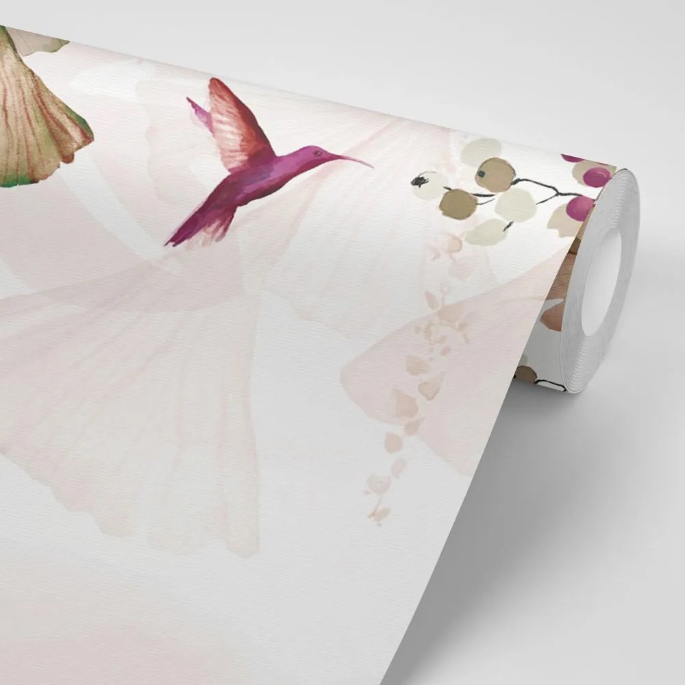 Samolepiaca tapeta listy s kolibríkmi v hnedo-ružovom
