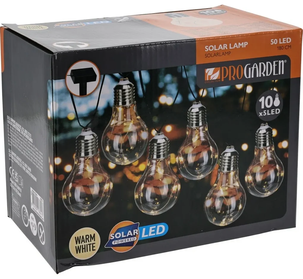 ProGarden Solárna reťaz Žiarovky číra, 2 m, 10 x 5 LED, teplá biela