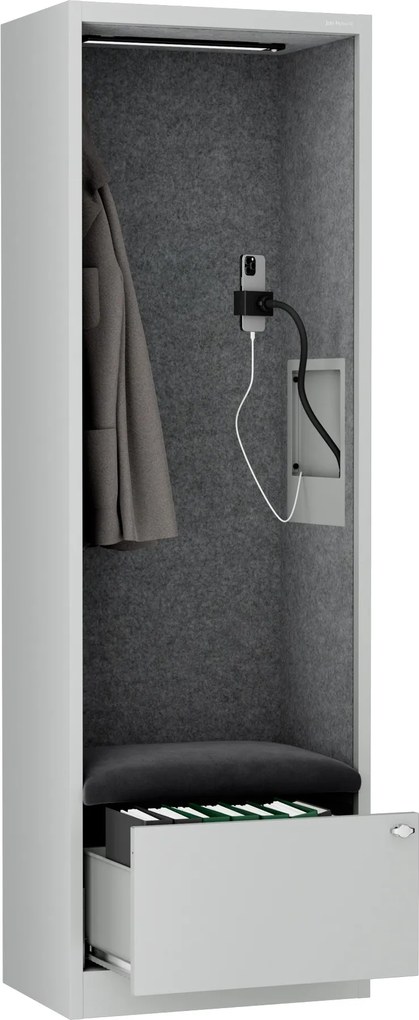 Skriňa so sedadlom a zónou ticha SALLY MentalBox, šedá konštrukcia, tmavošedé sedadlo, 1850 x 600 x 400 mm