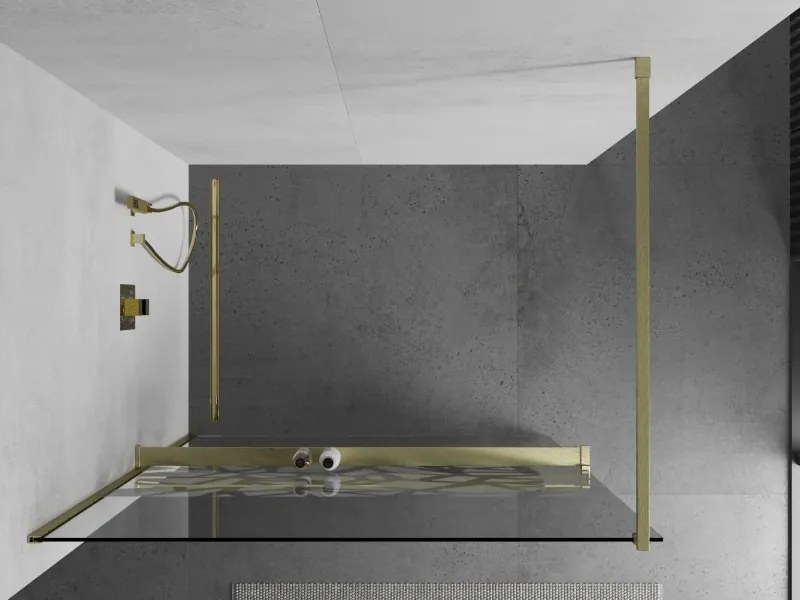 Mexen Kioto+, sprchová zástena Walk-In s poličkou a vešiakom 110 x 200 cm, 8mm číre sklo biely vzor, zlatý matný profil, 800-110-121-55-85