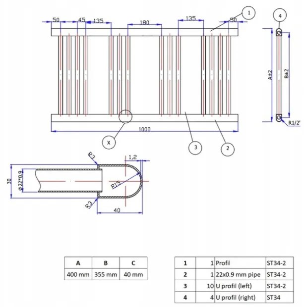 Erga Puerto, vykurovacie teleso 500x1000 mm, 440W, čierna matná, ERG-PUERTO/1000/500/455/BLACK