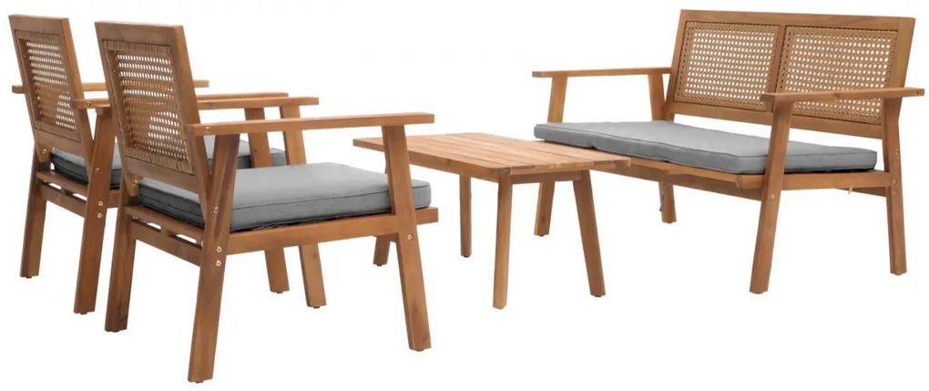 Záhradná súprava 2 kresiel, pohovky a stolíka HWC-N46, akáciové drevo - sivé vankúše