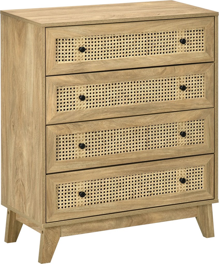 HOMCOM Skrinka s 4 zásuvkami s ratanovými čelami 80 x 35 x 95 cm v svetlej drevenej úprave | Aosom