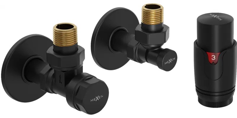 Mexen G00, súprava uhlových ventilov s termostatickou hlavicou a krytkami, čierna, W901-900-904-70