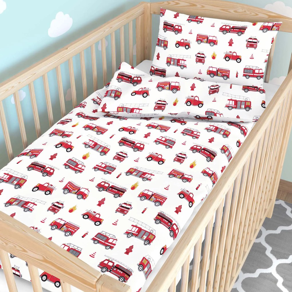Goldea detské bavlnené obliečky do postieľky - hasičské autá 100 x 135 a 40 x 60 cm