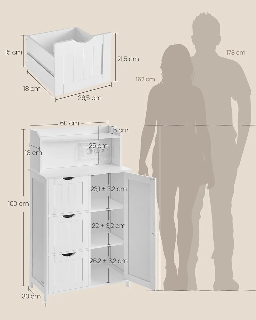 Kúpeľňová skrinka Vasagle Toly 100 cm s nabíjacou stanicou biela