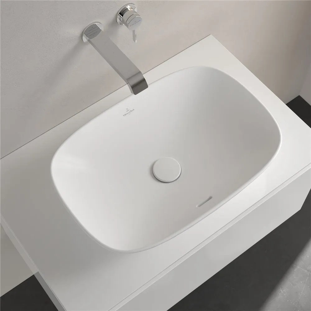 VILLEROY &amp; BOCH Loop &amp; Friends obdĺžnikové umývadlo na dosku bez otvoru, s prepadom, 560 x 380 mm, Stone White, s povrchom CeramicPlus, 4A4900RW