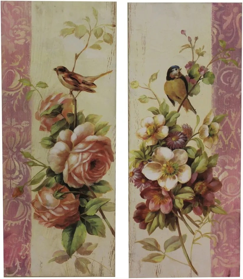 Sada 2 obrazov Antic Line Roses and Birds, 64 × 26 cm