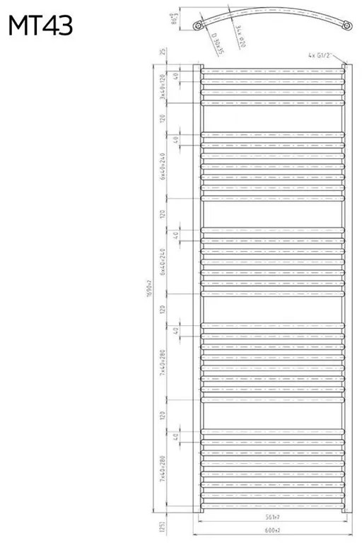 Mereo, Vykurovací rebrík 600x970 mm, oblý, biely, MER-MT41