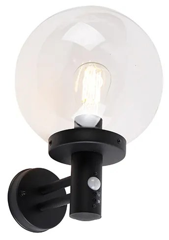 Vonkajšia nástenná lampa čierna s čírym sklom vrátane snímača pohybu - Sfera